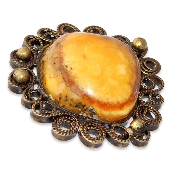 Antique Genuine Baltic Amber Brass Brooch Pin Butterscotch / Egg Yolk Yellow - Picture 2 of 5